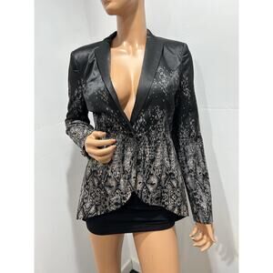 Venus Blazer Black Satin Size 6 Small Abstract Printed Back Is Longer Than Front